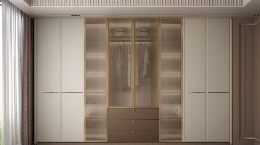 White and Taupe Wardrobe with Reeded Glass Doors BLYP23003