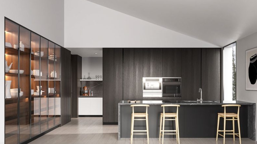 Dark Wood Kitchen Cabinets with Grey Countertop OBK23-M01