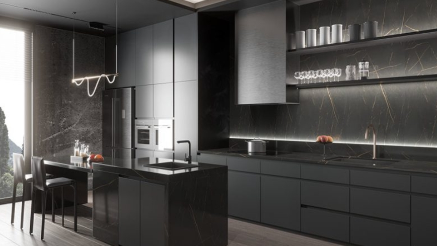 Dark Grey Cabinets with Black Worktop OBK22-M03