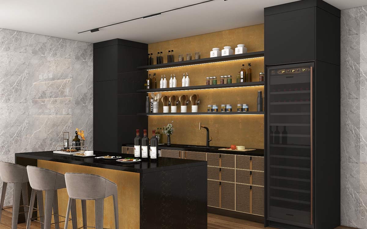 Modern Black and Gold Custom Home Bar