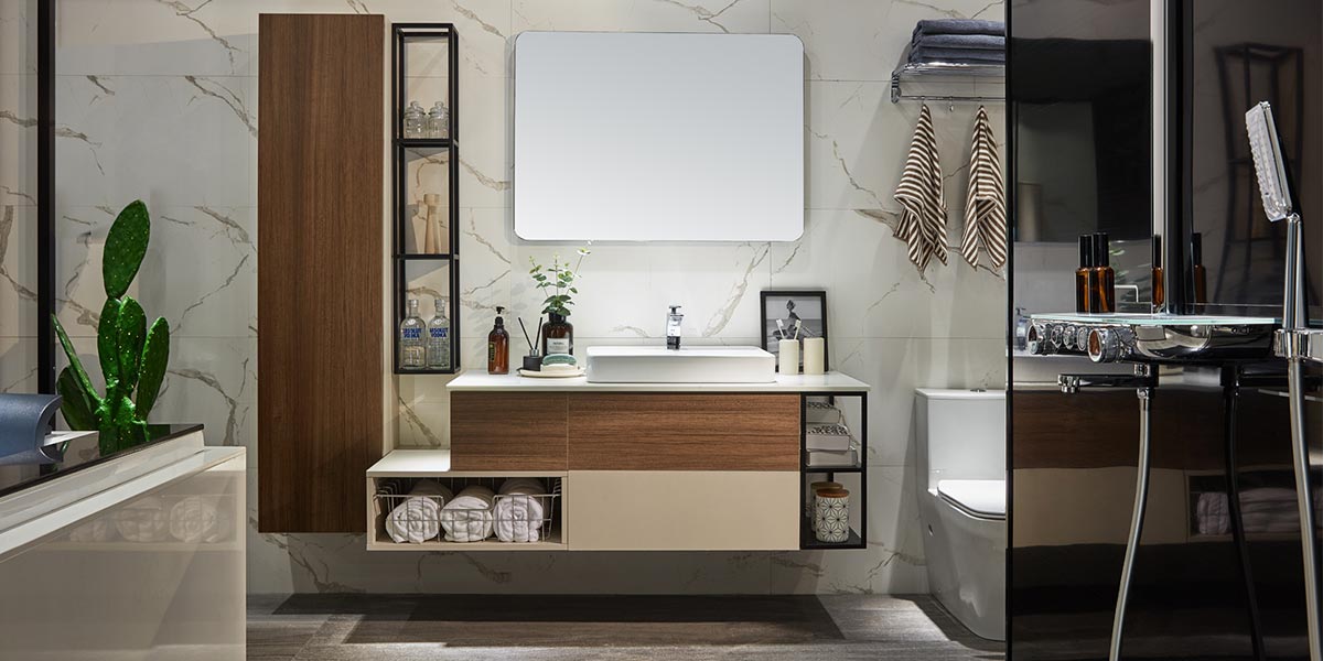 Bathroom Vanity Cabinets Beige and Wood Grain OBV21-004