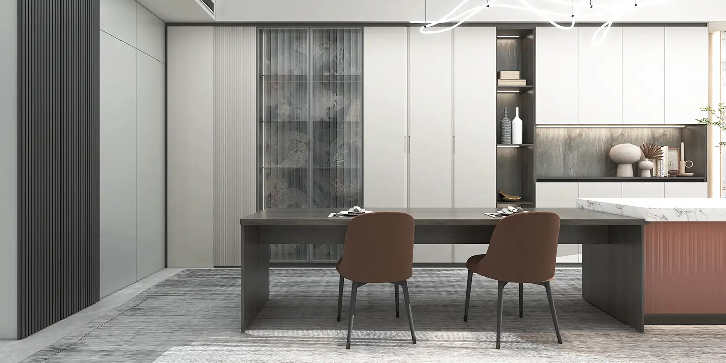 dining room cabinets and long table