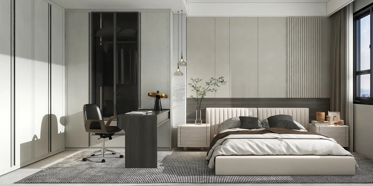 white L shaped bedroom wardrobe with grey stained desk