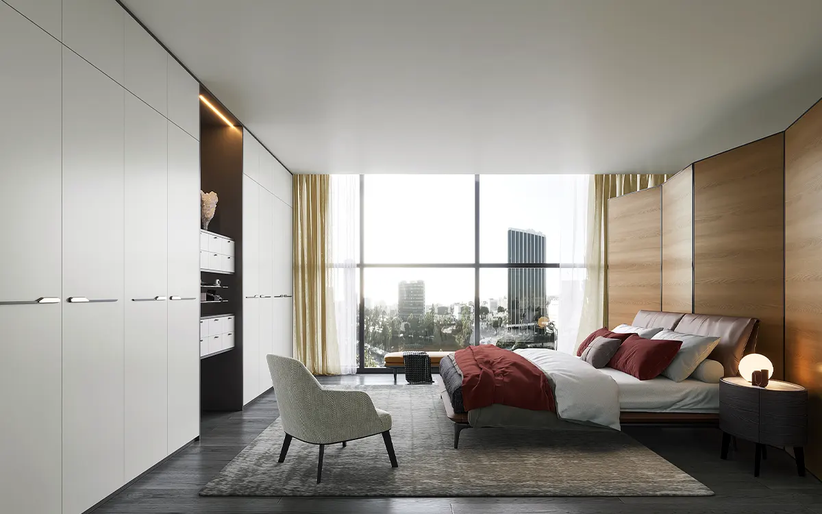 white modern bedroom built-in wardrobes