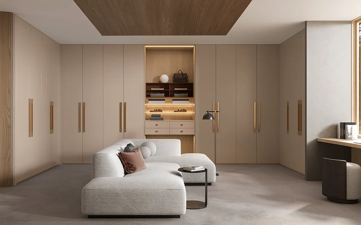 Big Walk in Closet with Beige and Light Wood Cabinets