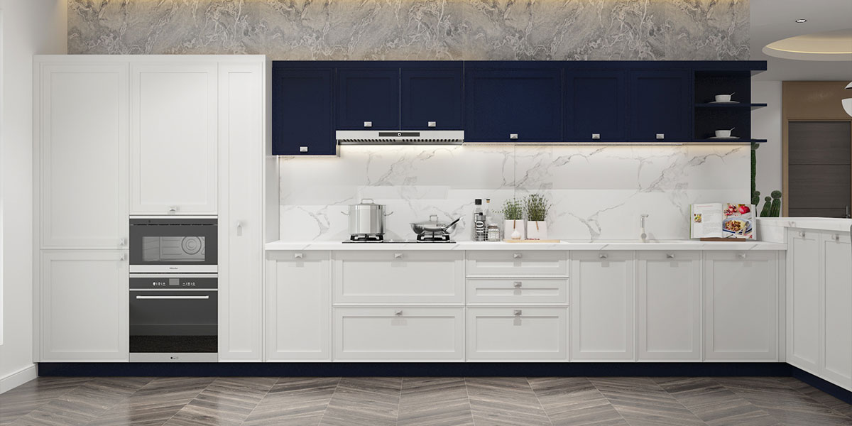 Navy and White Shaker Kitchen Cabinets