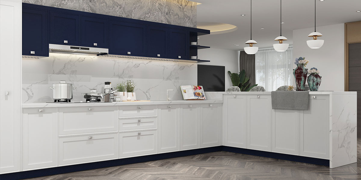 Navy and White Shaker Kitchen Cabinets