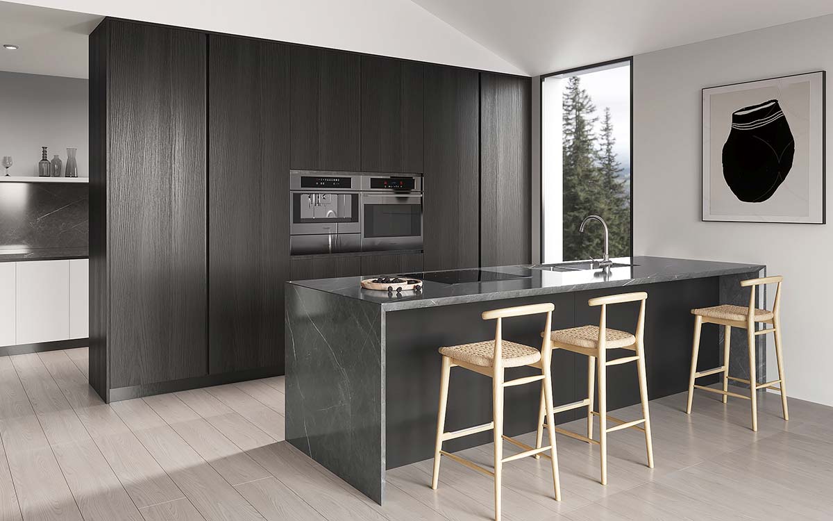 Dark Wood Kitchen Cabinets with Grey Countertop
