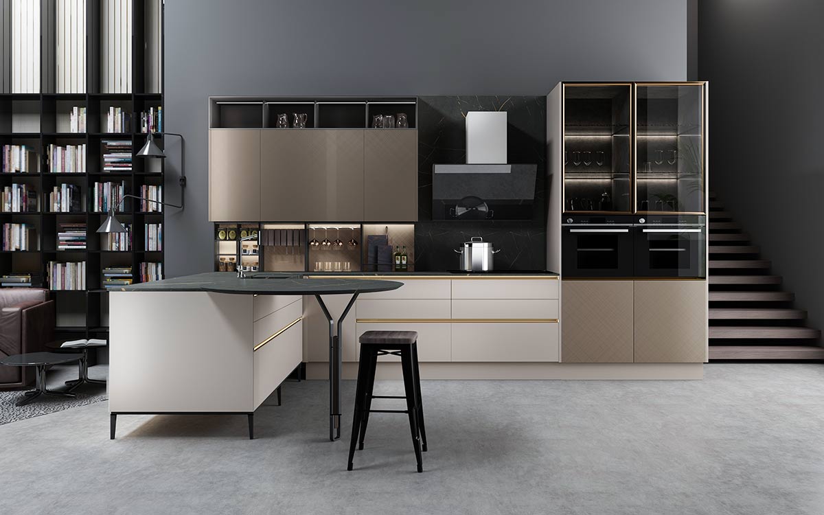 L-shaped Kitchen in Off White and Gold