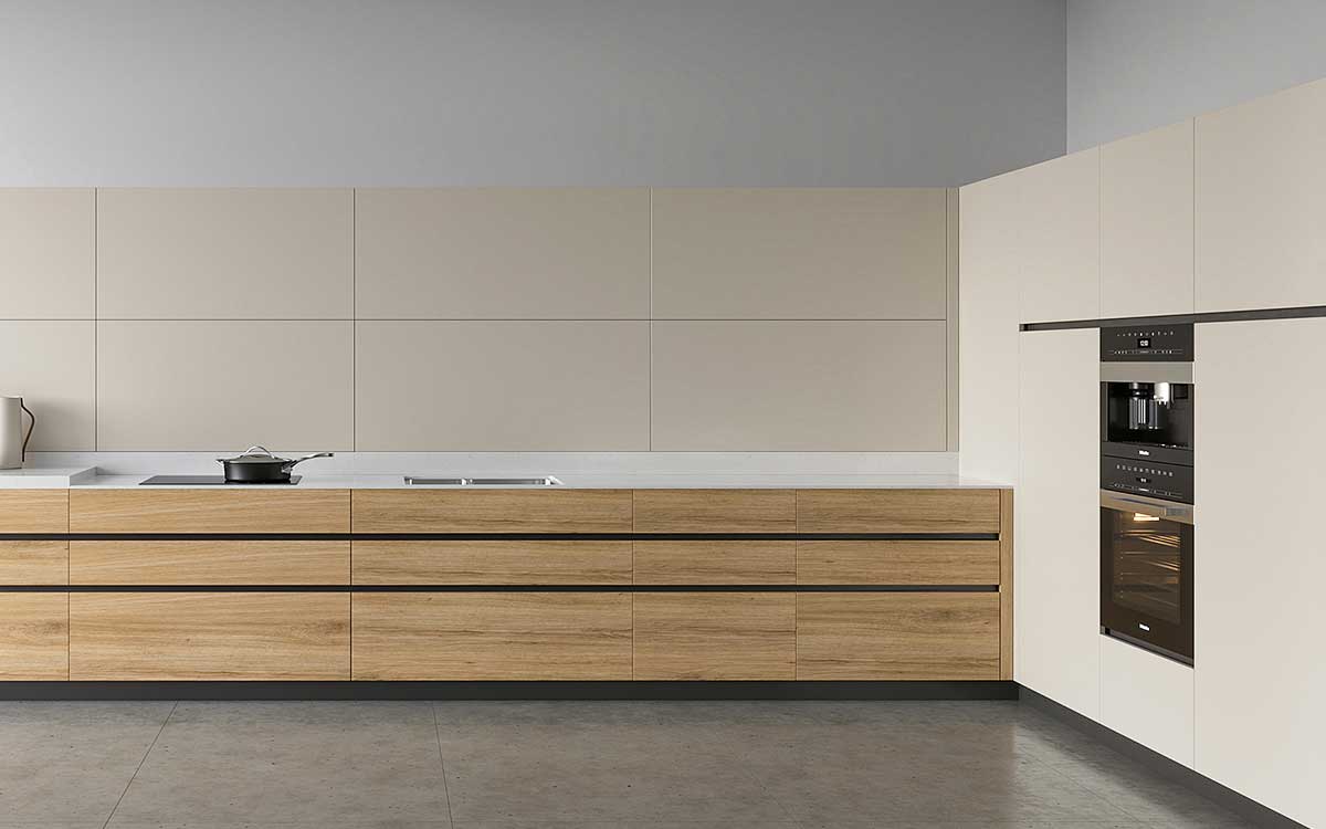Beige and Wood Warm Minimalist Kitchen Cabinets